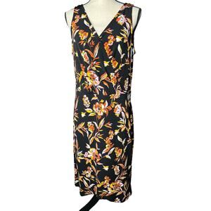 WHBM Dress Faux Wrap in Black with Orange Pink White Floral Print Size 14